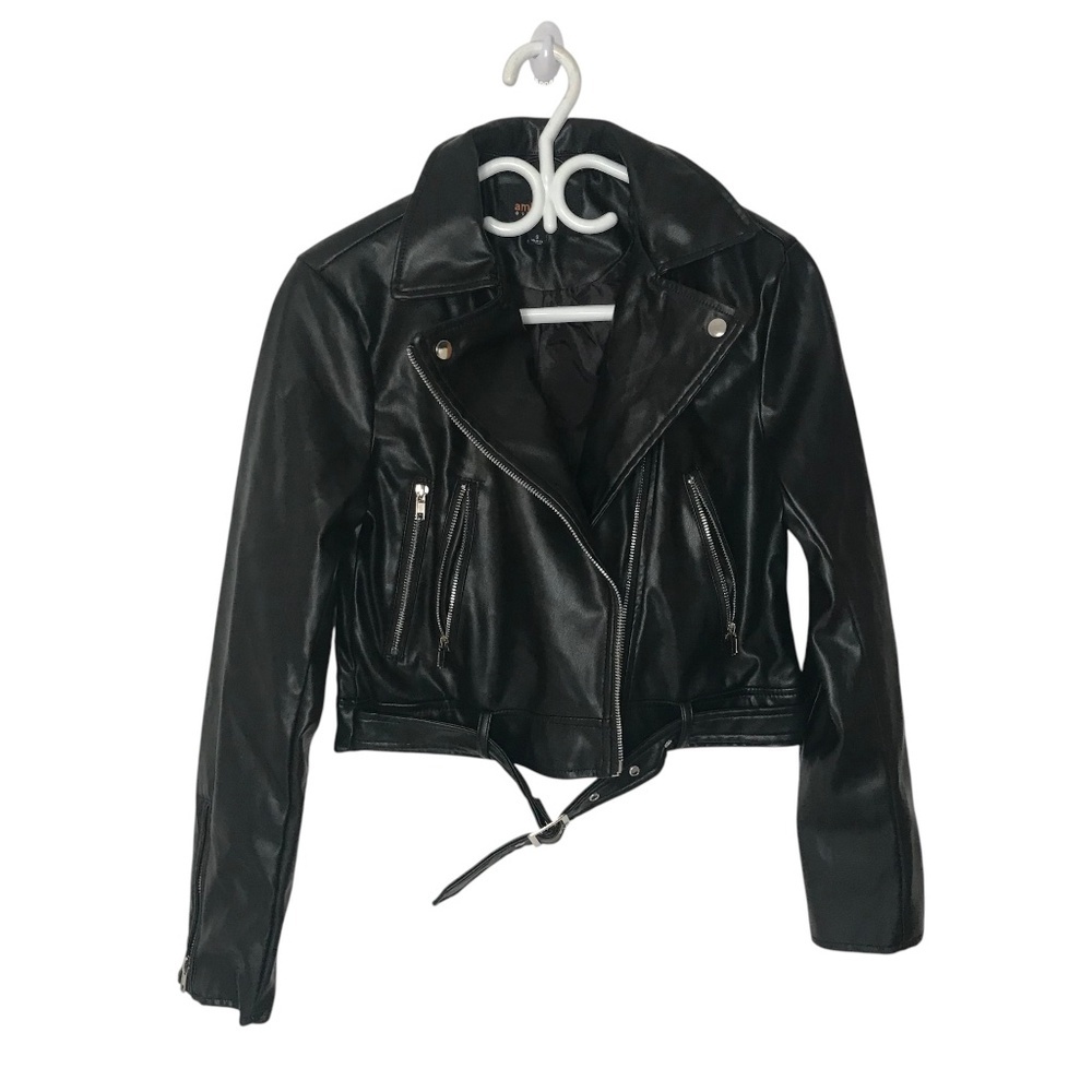 Ambiance Black Faux Leather Moto Jacket | Belted Biker Style